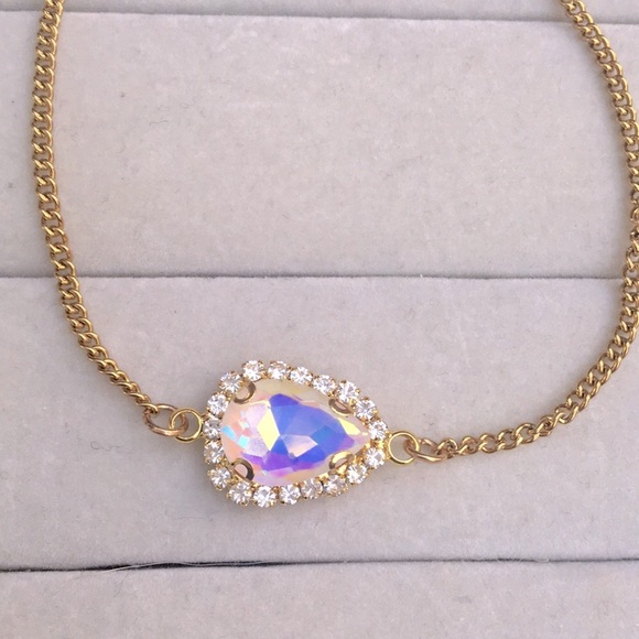 White Aurora Borealis Crystal Halo + Gold Pear Adjustable Boho Bracelet - Picture 6 of 13